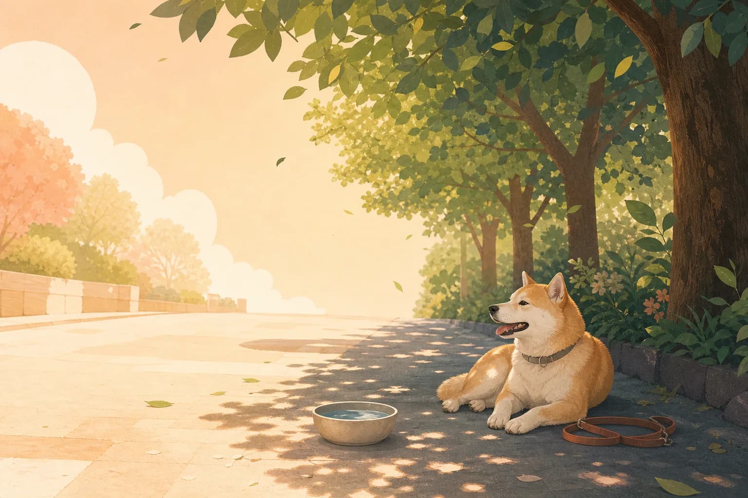 햇빛이 드는 길 옆 나무 그늘에서 물과 함께 쉬는 강아지